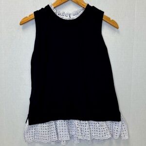 Loft  Navy Blue Chic Sleeveless Black Top with White Eyelet Lace Trim size XS